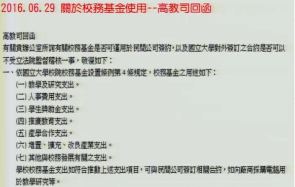 黃國書表示，用在高餐藍帶合作案的校務基金，並不符合依據《國立大學校務基金設置條例第4條》用途。(圖/ 截圖自立法院)